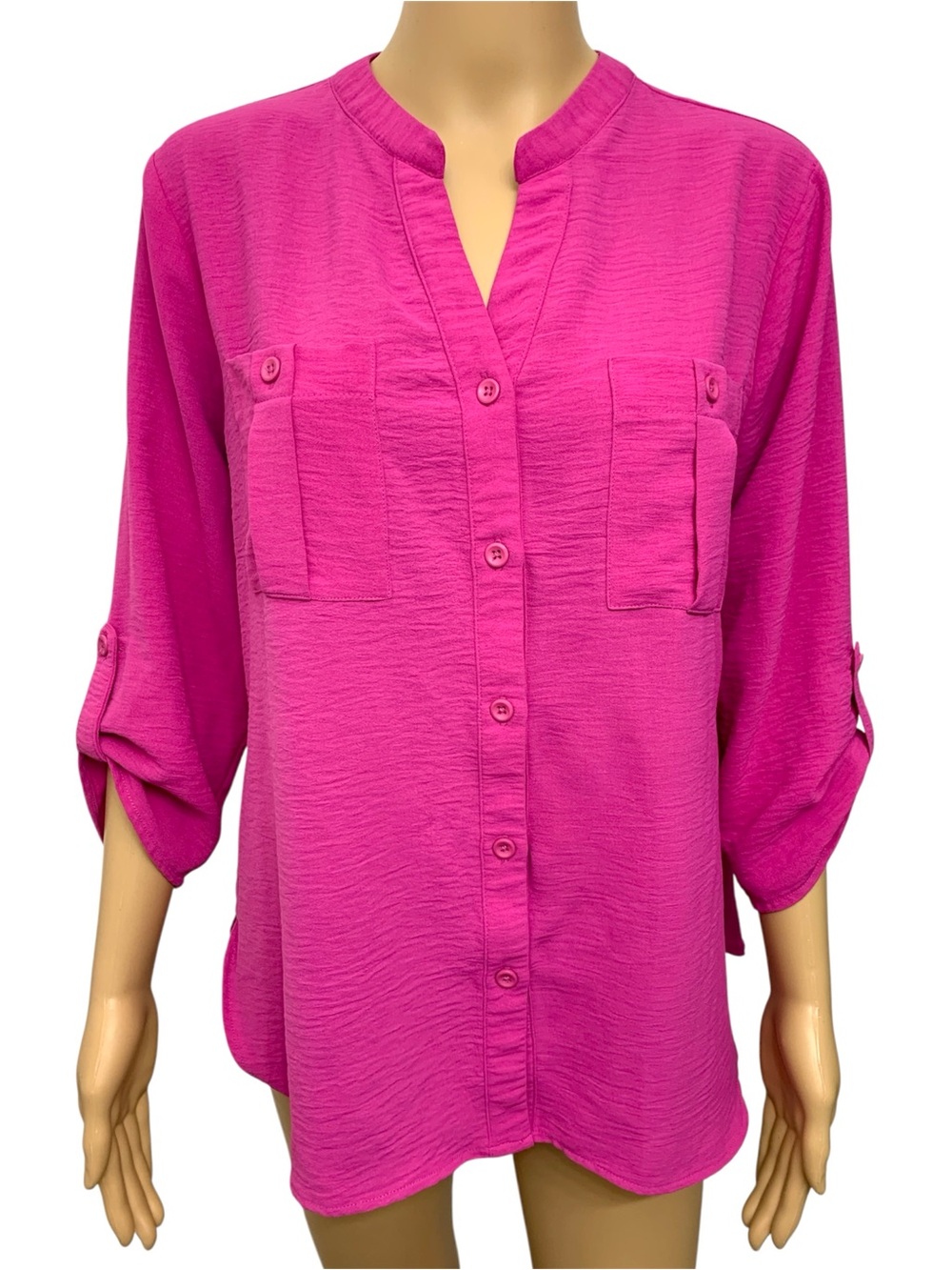 3rd + Malt Bright Fuchsia Button-Front Roll Sleeve Shirt Top Blouse size L